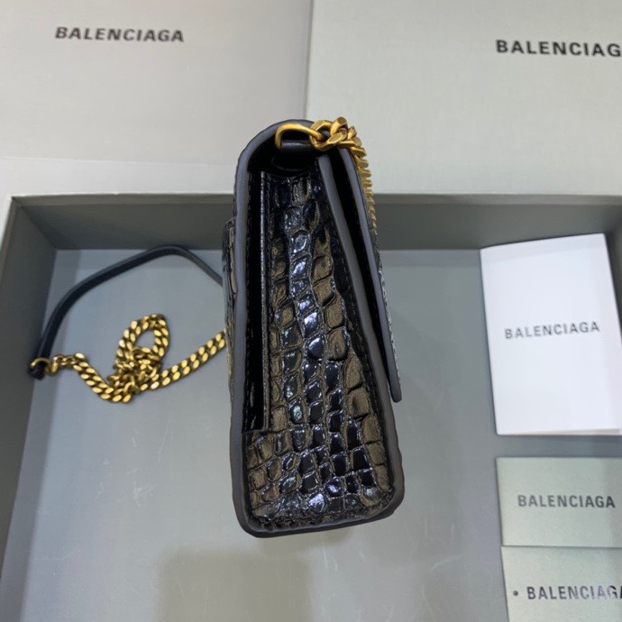 Balenciaga Big Hourglass Wallet With Chain Crocodile Embossed Shoulder Bag Black